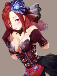 Rule 34 | 1girl, absurdres, black gloves, blue flower, breasts, choker, cleavage, drill hair, dutch angle, finger to mouth, flower, gloves, grey background, hair between eyes, hair flower, hair ornament, highres, long hair, looking at viewer, medium breasts, pinky to mouth, purple eyes, red hair, shadowverse, shingeki no bahamut, shiny skin, simple background, solo, strapless, tongue, tongue out, transparent, yamato (muchuu paradigm)