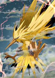 beak bird creatures_(company) electricity feathers full_body game_freak gen_1_pokemon highres legendary_pokemon midair nintendo no_humans pokemon pokemon_(creature) sawa_d solo talon yellow_feathers zapdos