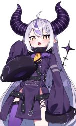 Rule 34 | 1girl, absurdres, ahoge, blush, braid, braided bangs, commentary, demon horns, dress, grey hair, hair between eyes, highres, hololive, horns, la+ darknesss, long hair, long sleeves, looking at viewer, multicolored hair, open mouth, purple dress, purple hair, purple thighhighs, simple background, single thighhigh, sleeves past fingers, sleeves past wrists, solo, standing, streaked hair, thighhighs, tosyeo, v-shaped eyebrows, very long hair, virtual youtuber, white background, yellow eyes