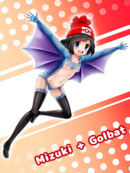 Rule 34 | 1girl, absurdres, arms up, beanie, black footwear, black hair, blue eyes, bluebird (bluebird90), blush, boots, breasts, character name, child, collarbone, cosplay, creatures (company), english text, full body, game freak, golbat (cosplay), happy, hat, highres, legs apart, looking at viewer, navel, nintendo, open mouth, outstretched arms, pokemon, pokemon rgby, pokemon sm, red background, red hat, selene (pokemon), short hair, simple background, small breasts, smile, solo, teeth, text focus, thigh boots, thighhighs, underboob, wings