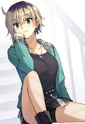 Rule 34 | 1girl, bike shorts, black footwear, black hair, black shirt, black shorts, black skirt, blonde hair, breasts, character request, closed mouth, collarbone, earrings, feet out of frame, green eyes, green jacket, hair between eyes, hand up, hero-san to moto onna kanbu-san, highres, jacket, jewelry, knee up, long sleeves, looking at viewer, medium breasts, multicolored hair, open clothes, open jacket, pendant, plaid, railing, shirt, short shorts, shorts, shorts under skirt, sitting, sitting on stairs, skirt, sleeves past wrists, smile, solo, somechime (sometime1209), stairs, tomboy, two-tone hair