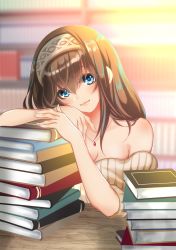 Rule 34 | 10s, 1girl, bad id, bad pixiv id, bare shoulders, blue eyes, blush, book, breasts, brown hair, cleavage, hairband, highres, idolmaster, idolmaster cinderella girls, jewelry, long hair, looking at viewer, medium breasts, necklace, off-shoulder, off-shoulder sweater, off shoulder, pendant, ribbed sweater, sagisawa fumika, sheepd, smile, solo, sweater