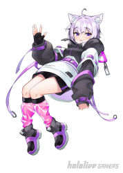 Rule 34 | 1girl, absurdres, ahoge, alternate costume, animal ear fluff, animal ears, black footwear, black gloves, black shorts, blush, breasts, cat ears, character name, clothes writing, commentary, copyright name, fingerless gloves, full body, gloves, highres, hololive, hood, hoodie, invisible chair, looking at viewer, medium breasts, narita tamezou, nekomata okayu, pink socks, price tag, purple eyes, purple hair, shoes, short hair, short shorts, shorts, simple background, sitting, smile, socks, solo, thighs, tongue, tongue out, virtual youtuber, waving, white background