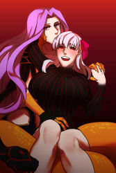 Rule 34 | 2girls, breasts, claws, corruption, creampan, dark persona, dark sakura, dress, eyes visible through hair, fate/grand order, fate/stay night, fate (series), snake hair, gorgon (fate), hair ribbon, holding hands, heaven&#039;s feel, huge breasts, large breasts, long hair, long sleeves, looking at viewer, matou sakura, medusa (fate), medusa (rider) (fate), monster girl, multiple girls, purple eyes, purple hair, red background, red eyes, ribbon, rider, scales, slit pupils, smile, snake, snake hair, snake tail, square pupils, striped, tail, turtleneck, very long hair, white hair