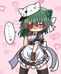 Rule 34 | 1girl, @ @, alternate costume, anger vein, animal ear fluff, animal ears, animal hat, apron, asimo953, back bow, black thighhighs, blush, bow, breasts, brown gloves, cat ears, cat hat, commentary request, cowboy shot, dress, embarrassed, enmaided, eyepatch, frilled apron, frilled dress, frills, gloves, green eyes, green hair, hair between eyes, hat, heart, heart background, highres, kantai collection, kemonomimi mode, kiso (kancolle), kiso kai ni (kancolle), maid, maid apron, maid headdress, medium breasts, medium hair, nose blush, pink background, puffy short sleeves, puffy sleeves, short sleeves, sidelocks, solo, speech bubble, standing, sweatdrop, thighhighs, white apron, white bow, zettai ryouiki