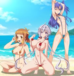 Rule 34 | 10s, 3girls, :d, absurdres, ahoge, antenna hair, areola slip, arm behind back, arm over head, arms up, bare arms, bare legs, bare shoulders, beach, bikini, blue bikini, blue eyes, blue hair, blush, breasts, brown bikini, brown eyes, cameltoe, cleavage, closed mouth, cloud, collarbone, covered erect nipples, day, double v, female focus, groin, hair between eyes, hand up, hands up, happy, highres, indian style, kazanari tsubasa, khnchak, kneeling, large areolae, large breasts, legs, light brown hair, long hair, looking at viewer, low twintails, medium breasts, multiple girls, navel, neck, nonoririn, ocean, one eye closed, one side up, open mouth, outdoors, purple eyes, red bikini, sand, senki zesshou symphogear, seraphina, shadow, short hair, silver hair, sitting, sky, slingshot swimsuit, small breasts, smile, spread legs, standing, stretching, string bikini, swimsuit, tachibana hibiki (symphogear), twintails, uncensored, v, very long hair, water, wince, yukine chris