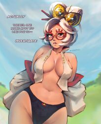 Rule 34 | 1girl, adapted costume, black panties, blue sky, breasts, coat, commentary, cropped shirt, curvy, english commentary, english text, eyeshadow, eyewear on head, hair ornament, hair stick, highres, large breasts, lips, looking at viewer, makeup, miss faves, navel, nintendo, off shoulder, open clothes, open coat, outdoors, panties, purah, red-framed eyewear, red eyes, red eyeshadow, round eyewear, sheikah, shiny skin, shirt, short hair, sky, sleeveless, sleeveless shirt, smile, solo, the legend of zelda, the legend of zelda: tears of the kingdom, underwear, updo, white coat, white hair, wide hips