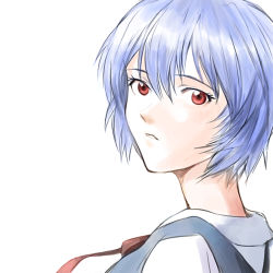 Rule 34 | 1girl, ayanami rei, bad id, bad pixiv id, blue hair, from side, hair between eyes, kuzuvine, looking at viewer, lowres, neon genesis evangelion, parted lips, red eyes, short hair, simple background, solo, white background