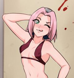 Rule 34 | 1girl, ;q, aldharoku, arm up, bare arms, bare shoulders, blood, blush, breasts, collarbone, covered erect nipples, forehead protector, green eyes, hand in own hair, haruno sakura, highres, konohagakure symbol, medium hair, naruto (series), navel, one eye closed, parted bangs, pink hair, small breasts, smile, solo, tongue, tongue out, upper body