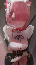 Rule 34 | 1girl, blush, breasts, cleavage, closed mouth, clothes lift, collar, detached sleeves, dress, dress lift, female focus, garter straps, hair ornament, hair over one eye, has bad revision, has downscaled revision, highres, leash, lifted by self, looking at viewer, maid, maid headdress, matching hair/eyes, md5 mismatch, medium breasts, panties, pantyshot, pink eyes, pink hair, ram (re:zero), re:zero kara hajimeru isekai seikatsu, red collar, resolution mismatch, short hair, skirt, skirt lift, solo, source smaller, tostos, underwear, upskirt, viewer holding leash, white panties, x hair ornament
