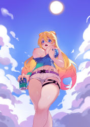Rule 34 | 1girl, absurdres, belt, bianka durandal ataegina, bianka durandal ataegina (valkyrie gloria), blonde hair, blue eyes, blush, breasts, can, cloud, cloudy sky, drink can, from below, highres, holding, honkai (series), honkai impact 3rd, large breasts, long hair, looking at viewer, nipple slip, nipples, open mouth, outdoors, shorts, sky, soda can, solo, summer uniform, sun, white shorts, yu xiu