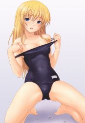 Rule 34 | 1girl, barefoot, black one-piece swimsuit, blonde hair, blue eyes, breasts, clothes pull, cover, cover page, gekkan doki!, kazuma muramasa, kneeling, long hair, magazine cover, non-web source, one-piece swimsuit, one-piece swimsuit pull, original, pulling own clothes, school swimsuit, solo, swimsuit, undressing