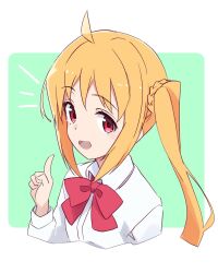 Rule 34 | 1girl, ^^^, ahoge, bad id, bad twitter id, blonde hair, bocchi the rock!, bow, collared shirt, dress shirt, green background, highres, ijichi nijika, index finger raised, long hair, long sleeves, looking at viewer, minosu, red bow, red eyes, school uniform, shirt, shuka high school uniform, side ponytail, sidelocks, smile, solo, white shirt
