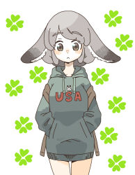 Rule 34 | 1girl, :&lt;, animal ear fluff, animal ears, animal print, backpack, bag, blush stickers, breasts, closed mouth, clothes writing, collarbone, commentary request, drawstring, floppy ears, grey eyes, grey hair, grey hoodie, hands in pockets, hood, hood down, hoodie, hyon (hyon noyh), long hoodie, looking at viewer, medium breasts, original, print hoodie, rabbit ears, rabbit print, romaji text, simple background, solo, thick eyebrows, white background