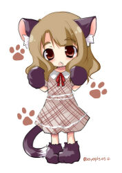 Rule 34 | 1girl, animal ears, animal hands, ayabisu, blush, brown eyes, brown hair, cat ears, cat girl, cat tail, chestnut mouth, chibi, collared dress, dress, fang, full body, gloves, idolmaster, idolmaster million live!, long hair, looking at viewer, miyao miya, open mouth, paw gloves, paw print, paw shoes, plaid, plaid dress, short sleeves, solo, tail