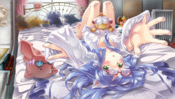 Rule 34 | 1girl, :o, absurdres, animal ears, ar nosurge, azitama atsushi (attyuu), bed, bedroom, blue hair, blush, book, breasts, cat ears, collarbone, curtains, eyepatch, foreshortening, full body, glasses, green eyes, highres, indoors, knees up, long hair, long sleeves, looking at viewer, lying, medium breasts, navel, no pants, o o, on back, open mouth, outstretched arms, paper, perspective, radiator, reaching, reaching towards viewer, red-framed eyewear, sarly planck, shirt, sleeves past wrists, solo, stuffed animal, stuffed rabbit, stuffed toy, surge concerto, teddy bear, unbuttoned, unbuttoned shirt, upside-down, white shirt, window