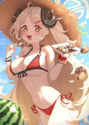Rule 34 | 1girl, absurdres, bad id, bad pixiv id, bikini, blue archive, blush, bracelet, breasts, cleavage, collarbone, food, fruit, hair ornament, hairclip, halo, hat, highres, holding, holding food, horns, izumi (blue archive), izumi (swimsuit) (blue archive), jewelry, large breasts, light brown hair, long hair, looking at viewer, navel, official alternate costume, open mouth, outdoors, red bikini, scrunchie, side-tie bikini bottom, solo, straw hat, sun hat, swimsuit, takoyaki, three twosix, very long hair, watermelon, wavy hair, wet, wrist scrunchie, yellow eyes