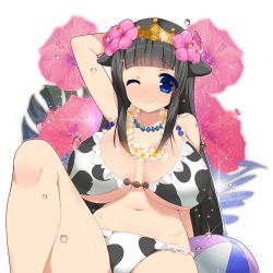 Rule 34 | 1girl, ;), animal print, arm behind head, arm up, ball, beachball, beads, bikini, black hair, blue eyes, blunt bangs, blush, breasts, breasts apart, cleavage, closed mouth, colored eyelashes, cow print, embarrassed, eyebrows, floral background, flower, flower necklace, frilled bikini, frills, hair flaps, hair flower, hair ornament, hibiscus, hip focus, jewelry, knee up, kusaka souji, large breasts, lei, light smile, long hair, looking at viewer, miru holstein, navel, necklace, necktie, nose blush, official art, one eye closed, print bikini, raised eyebrows, sidelocks, smile, solo, sparkle, swimsuit, tiara, transparent background, uchi no hime-sama ga ichiban kawaii, underboob, very long hair, water drop