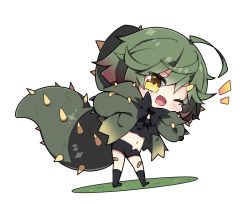 Rule 34 | 1girl, ;d, ahoge, bandaid, bandaid on leg, black bow, black shirt, black shorts, black socks, blush, bow, brown eyes, chibi, commentary request, crop top, deviljho, fang, full body, green hair, green jacket, hair between eyes, hair ornament, hairclip, highres, hood, hood up, hooded jacket, jacket, looking at viewer, midriff, milkpanda, monster hunter (series), navel, no shoes, notice lines, one eye closed, open clothes, open jacket, open mouth, personification, shirt, short eyebrows, short shorts, shorts, smile, socks, solo, spiked tail, spikes, standing, tail, thick eyebrows, white background