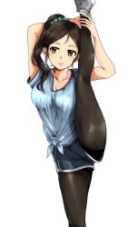 Rule 34 | 1girl, arms up, ayase honoka, black pantyhose, blue shirt, blue shorts, blush, breasts, brown eyes, brown hair, cleavage, closed mouth, collarbone, dot nose, gatsby ssl, green scrunchie, grey footwear, hair ornament, hair scrunchie, highres, holding own leg, idolmaster, idolmaster cinderella girls, idolmaster cinderella girls starlight stage, leg up, long hair, looking at another, medium breasts, pantyhose, ponytail, scrunchie, shirt, shoes, short sleeves, shorts, simple background, smile, sneakers, solo, spread legs, standing, standing on one leg, tied shirt, white background, yellow eyes