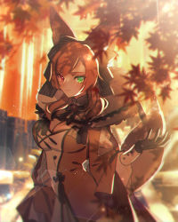 Rule 34 | 1girl, autumn leaves, black gloves, blurry, breasts, cleavage, closed mouth, commentary request, creatures (company), dress, eyelashes, game freak, gen 7 pokemon, gloves, green eyes, heterochromia, highres, lens flare, light smile, looking at viewer, lycanroc, lycanroc (dusk), moe (hamhamham), nintendo, orange dress, orange hair, personification, pink eyes, pokemon, solo