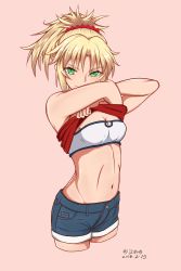 Rule 34 | abs, absurdres, bandeau, blonde hair, breasts, cleavage, clothes lift, cropped legs, denim, denim shorts, fang, fate/apocrypha, fate (series), green eyes, highres, lifted by self, looking at viewer, midriff, mordred (fate), mordred (fate/apocrypha), mordred (memories at trifas) (fate), shirt lift, shorts, solo, undressing, wizast