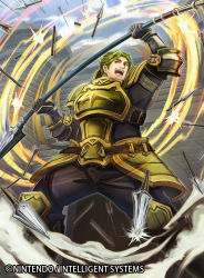 Rule 34 | 1boy, armor, armored boots, arrow (projectile), boots, bors (fire emblem), brown eyes, company name, fire emblem, fire emblem: the binding blade, fire emblem cipher, gauntlets, gloves, green hair, male focus, nekobayashi, nintendo, official art, open mouth, polearm, sky, solo, spear, teeth, weapon