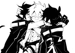 Rule 34 | 2897419513, 3boys, absurdres, arknights, bishounen, black hair, cowboy shot, closed eyes, faust (arknights), fingerless gloves, gloves, greyscale, hand on another&#039;s head, highres, jacket, male focus, mephisto (arknights), monochrome, multiple boys, pointy ears, shirt, short hair, simple background, sketch, smile, white background, white hair