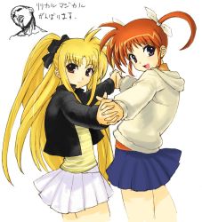 Rule 34 | 00s, 2girls, ahoge, artist request, asymmetrical hair, black jacket, blonde hair, cowboy shot, fate testarossa, head tilt, holding hands, interlocked fingers, jacket, long sleeves, looking at viewer, lyrical nanoha, mahou shoujo lyrical nanoha, multiple girls, open clothes, open jacket, outstretched arms, pleated skirt, red eyes, simple background, skirt, standing, takamachi nanoha, tetsu (kimuchi), twintails, white background, white skirt