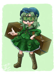 Rule 34 | 1girl, absurdres, backpack, bag, blue hat, boots, camouflage, chamaji, collar, commentary request, frilled collar, frilled skirt, frills, full body, goggles, green eyes, green hair, green skirt, hat, highres, key, long sleeves, looking at viewer, open mouth, pocket, pointing, signature, simple background, skirt, skirt set, solo, strap, touhou, yamashiro takane