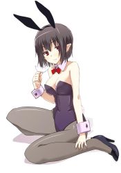 Rule 34 | 1girl, animal ears, black hair, black pantyhose, bow, bowtie, breasts, cl (h-sys.), cup, detached collar, drinking glass, glass, high heels, leotard, looking at viewer, medium breasts, pantyhose, playboy bunny, pointy ears, rabbit ears, rabbit tail, red eyes, shameimaru aya, short hair, simple background, sitting, smile, solo, tail, touhou, white background, wine glass, wrist cuffs