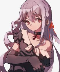 Rule 34 | 1girl, black dress, black gloves, breasts, choker, cross, cross choker, dress, elbow gloves, gloves, gore screaming show, grey hair, hair ribbon, highres, long hair, looking at viewer, red eyes, red ribbon, ribbon, shikkuro69, simple background, single bare shoulder, small breasts, smile, solo, upper body, white background, yuka (gore screaming show)