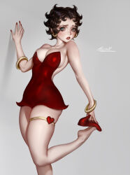 Rule 34 | 1girl, aleriia v, artist name, betty boop, betty boop (character), blue eyes, bracelet, breasts, cleavage, commentary, dress, earrings, feet, foot out of frame, grey background, high heels, highres, hoop earrings, jewelry, large breasts, leg up, legs, looking at viewer, messy hair, parted lips, red dress, red footwear, red nails, short hair, sideways glance, signature, simple background, soles, solo