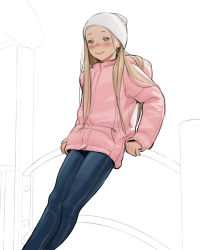 Rule 34 | 1girl, against railing, bad id, bad pixiv id, beanie, blue pants, blush, closed mouth, crossed legs, denim, feet out of frame, grey eyes, hat, highres, hood, hood down, hoodie, jeans, long sleeves, looking at viewer, luimiart, original, pants, pink hoodie, railing, sketch background, smile, solo, standing, unfinished, white background, white hat