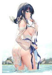 Rule 34 | 1girl, absurdres, ass, blue eyes, blue hair, blue ribbon, blunt bangs, blush, breasts, cowboy shot, dripping, fate/grand order, fate/requiem, fate (series), from behind, hand up, highres, long hair, long sleeves, looking at viewer, looking back, magatama hair ornament, medium breasts, multicolored hair, parted lips, red hair, revealing clothes, ribbon, rock, rope, rosuuri, sash, scan, see-through, sideboob, sidelocks, simple background, solo, streaked hair, thighs, utsumi erice, wading, water, water drop, watermark, web address, wet, wet clothes, white background