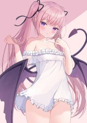Rule 34 | 1girl, bare shoulders, black ribbon, blush, breasts, cleavage, commentary, demon girl, demon tail, demon wings, dress, frilled dress, frills, groin, hair ribbon, hands up, highres, long hair, low wings, no panties, off-shoulder dress, off shoulder, original, parted lips, pink background, pink hair, pointy ears, purple eyes, purple wings, ribbon, see-through, see-through sleeves, sidelocks, small breasts, solo, standing, tail, tail raised, twintails, two-tone background, very long hair, wings, yuutii
