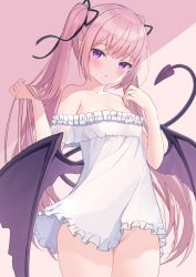 1girl bare_shoulders black_ribbon blush breasts cleavage commentary demon_girl demon_tail demon_wings dress frilled_dress frills groin hair_ribbon hands_up highres long_hair low_wings no_panties off-shoulder_dress off_shoulder original parted_lips pink_background pink_hair pointy_ears purple_eyes purple_wings ribbon see-through_clothes see-through_sleeves sidelocks small_breasts solo standing tail tail_raised twintails two-tone_background very_long_hair wings yuutii