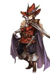 Rule 34 | 10s, 1boy, alpha transparency, arcana dueler (granblue fantasy), boots, brown eyes, brown hair, cape, cape lift, coat, contrapposto, full body, gloves, gran (granblue fantasy), granblue fantasy, hat, hat feather, leather, leather boots, male focus, minaba hideo, official art, short hair, solo, standing, sword, transparent background, weapon, white gloves