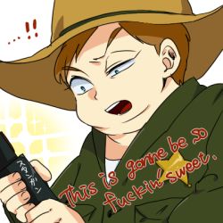Rule 34 | blue eyes, brown hair, eric cartman, gun, lowres, open mouth, plump, simple background, south park, translated, weapon