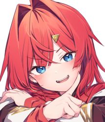 Rule 34 | 1girl, ange katrina, ange katrina (1st costume), blue eyes, hair intakes, hair ornament, hand up, long sleeves, looking at viewer, lowres, medium hair, nijisanji, open mouth, portrait, red hair, simple background, smile, solo, sukuna136, virtual youtuber, white background