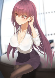 Rule 34 | 1girl, blurry, bra, breasts, brown pantyhose, cleavage, crossed legs, depth of field, dress shirt, fate/grand order, fate (series), fisheye, foreshortening, hair between eyes, tucking hair, highres, indoors, large breasts, long hair, looking away, pantyhose, parted lips, partially unbuttoned, pencil skirt, purple hair, scathach (fate), see-through, shirt, sitting, skirt, solo, throtem, underwear