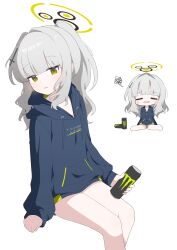 Rule 34 | 1girl, absurdres, bare legs, barefoot, blue archive, blue hoodie, can, closed eyes, green eyes, grey hair, hagoonha, hair ornament, hairpin, hare (blue archive), highres, holding, holding can, hood, hoodie, long hair, ponytail, simple background, sitting, thighs, wariza, white background