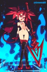 Rule 34 | 1girl, absurdres, bar censor, black footwear, black gloves, blue fire, boots, breasts, censored, collar, commentary, crossed legs, demon girl, demon tail, demon wings, disgaea, earrings, elder spear, etna (disgaea), fire, full body, gloves, gluteal fold, high heel boots, high heels, highres, jewelry, looking at viewer, makai senki disgaea, nipples, nude, planted, pointy ears, polearm, red eyes, red hair, red thighhighs, rtil, skull earrings, small breasts, solo, spear, standing, tail, thigh boots, thigh gap, thighhighs, thighhighs under boots, twintails, watson cross, weapon, wings