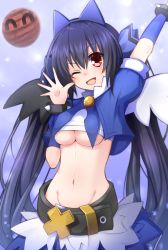Rule 34 | 1girl, attouteki yuugi mugen souls, black hair, breasts, cosplay, doria (p f dolia), hair ornament, long hair, looking at viewer, medium breasts, navel, neptune (series), noire (neptunia), one eye closed, open mouth, red eyes, ribbon, smile, solo, twintails, underboob, very long hair