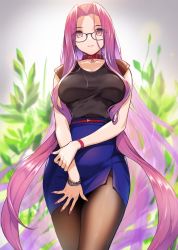 Rule 34 | 1girl, black pantyhose, black shirt, blue skirt, bracelet, breasts, collar, commentary request, doushimasho, fate/grand order, fate (series), glasses, highres, jewelry, large breasts, long hair, medusa (fate), medusa (rider) (fate), miniskirt, nail polish, office lady, pantyhose, parted bangs, parted lips, pencil skirt, pink eyes, plant, purple hair, purple nails, red collar, shirt, short sleeves, skirt, square pupils, very long hair