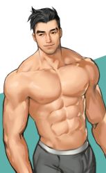 Rule 34 | 1boy, abs, black eyes, black hair, collarbone, craig cahn, dopey (dopq), dream daddy: a dad dating simulator, eyebrows, highres, large pectorals, looking at viewer, male focus, muscular, pectorals, solo, standing