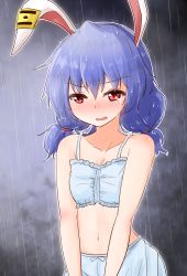 Rule 34 | 1girl, animal ears, bare shoulders, bloomers, blue bloomers, blue bra, blue hair, bra, rabbit ears, collarbone, commentary request, crying, crying with eyes open, highres, medium hair, midriff, oshiaki, parted lips, rain, red eyes, seiran (touhou), solo, tearing up, tears, touhou, underwear