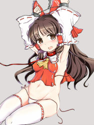 Rule 34 | 1girl, armpits, arms up, blush, brown eyes, brown hair, cuffs, detached sleeves, hakurei reimu, long hair, navel, panties, shackles, side-tie panties, solo, string panties, sweatdrop, thighhighs, touhou, undersized clothes, underwear, untied, white thighhighs, zibun owl