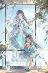 Rule 34 | 2girls, absurdres, black footwear, black hair, blue dress, blue eyes, bouquet, branch, butterfly hair ornament, closed mouth, douluo dalu, dress, falling petals, flower, full body, hair ornament, highres, holding, holding bouquet, holding clothes, holding skirt, jiu zhi qiu, leg up, long hair, long sleeves, multiple girls, ning rongrong (douluo dalu), open mouth, petals, running, second-party source, skirt, socks, teeth, time paradox, upper teeth only, vase, window