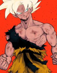 Rule 34 | 1boy, belt, black belt, blonde hair, blood, blood from mouth, closed mouth, collarbone, cowboy shot, dragon ball, hair up, highres, kz (dbz kz), light particles, looking to the side, male focus, muscular, muscular male, nipples, pectorals, red background, scar, scar on arm, scar on chest, scar on face, solo, son goku, super saiyan, torn clothes, v-shaped eyebrows
